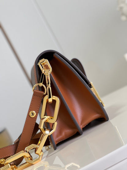 LV Dauphine MM Monogram Reverse Canvas Shoulder Crossbody Bag with Chain Strap and Leather Trim 25 cm