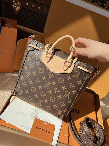 LV Excursion PM Monogram Canvas Backpack Shoulder Bag with Leather Trim and Drawstring Closure (21 x 23 x 10) cm