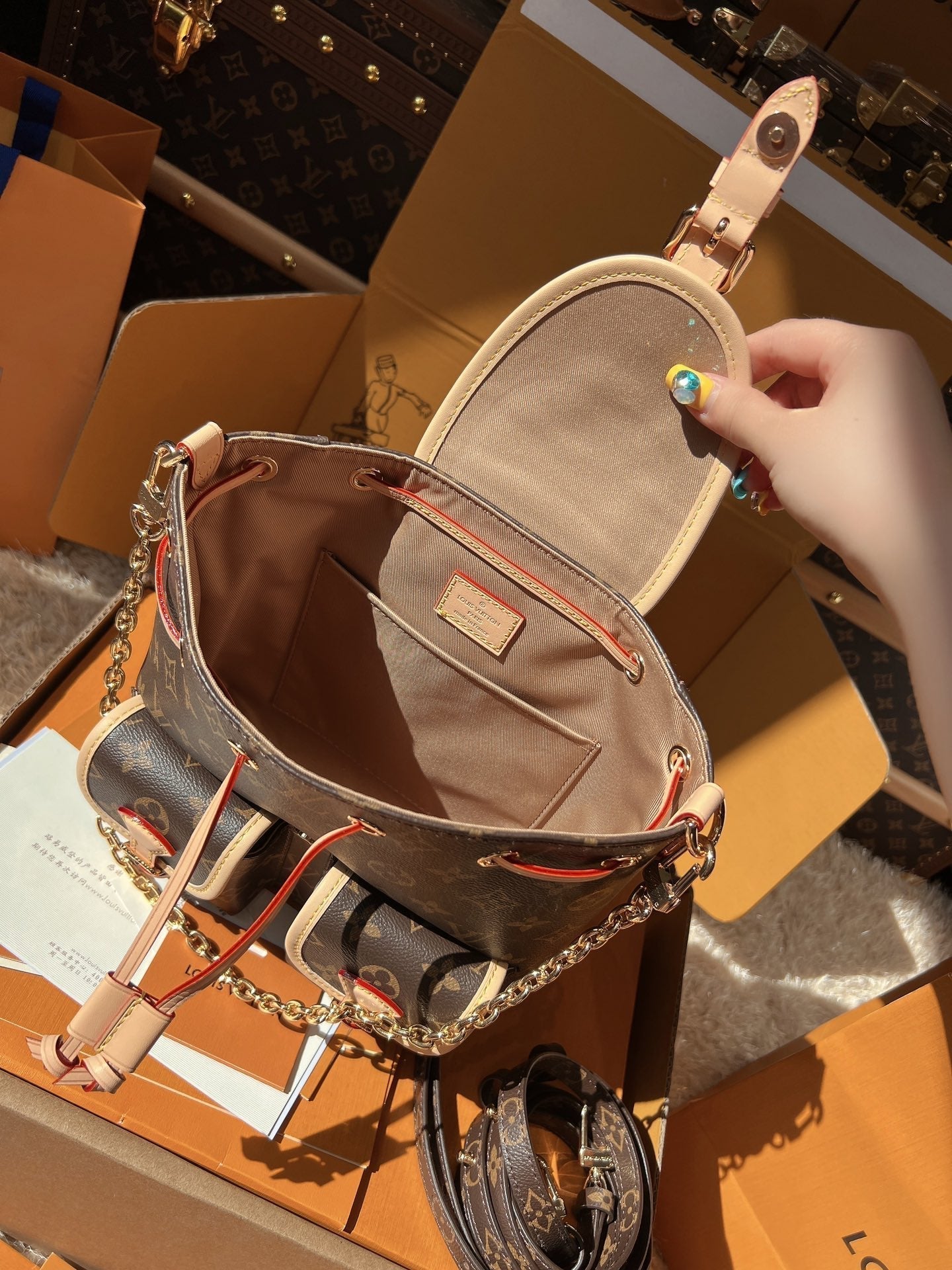 LV Excursion PM Monogram Canvas Backpack Shoulder Bag with Leather Trim and Drawstring Closure (21 x 23 x 10) cm