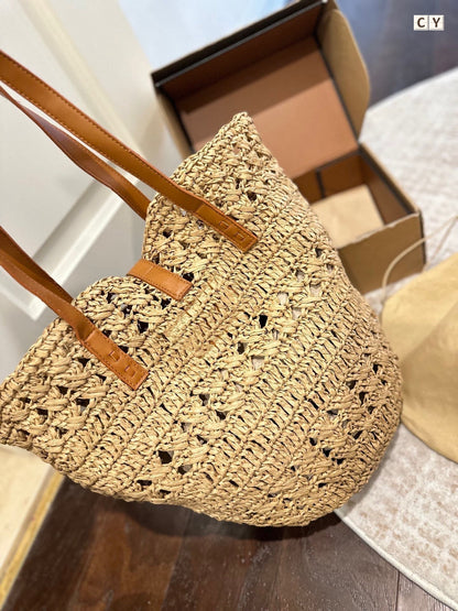 YSL PANIER MEDIUM IN RAFFIA AND VEGETABLE-TANNED LEATHER