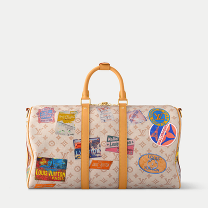 LV Keepall Bandoulière 45 Monogram Dune Canvas Travel Handle Shoulder Bag with Leather Trim and Travel Patches (45 x 27 x 20) cm