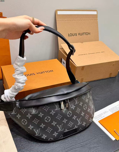 LV Bumbag Monogram Eclipse Canvas Crossbody Bag with Black Leather Trim