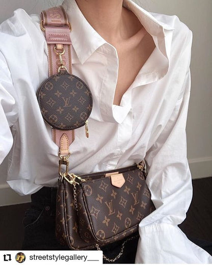 LV Multi Pochette Accessoires Monogram Canvas Crossbody Shoulder Bag with Pink Strap and Two Pouches
