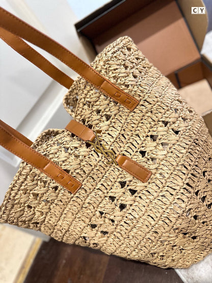 YSL PANIER MEDIUM IN RAFFIA AND VEGETABLE-TANNED LEATHER