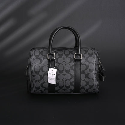 Coach Signature Duffel Bag – Black Monogram Canvas with Leather Trim