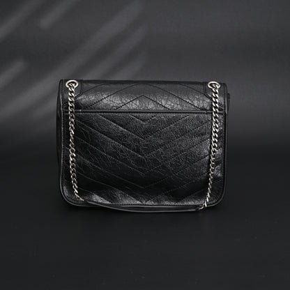Saint Laurent Niki Medium Black Crinkled Leather Shoulder Bag