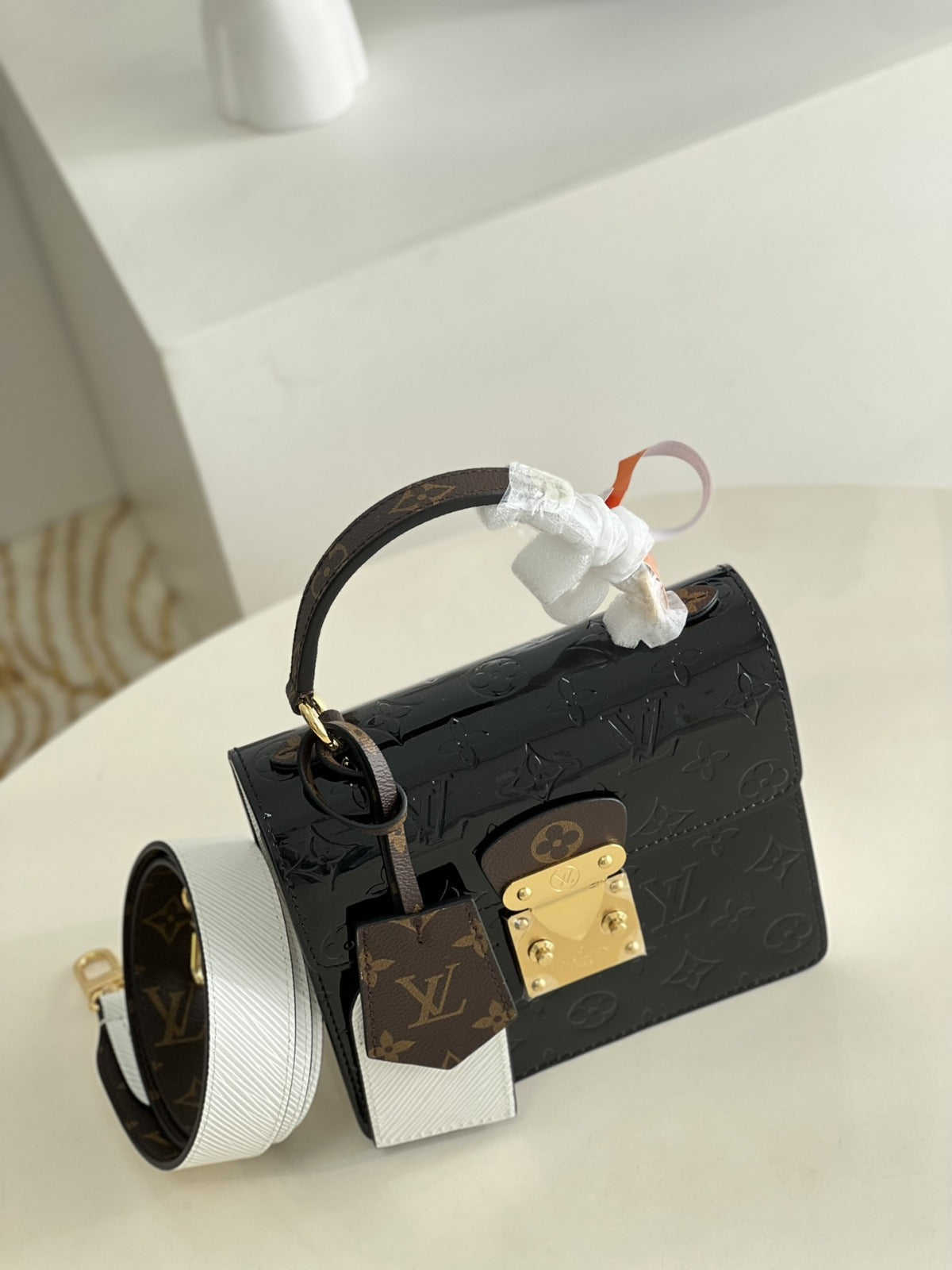 LV Spring Street NM Monogram Vernis Leather Handle Crossbody Bag with Top Handle and Removable Strap