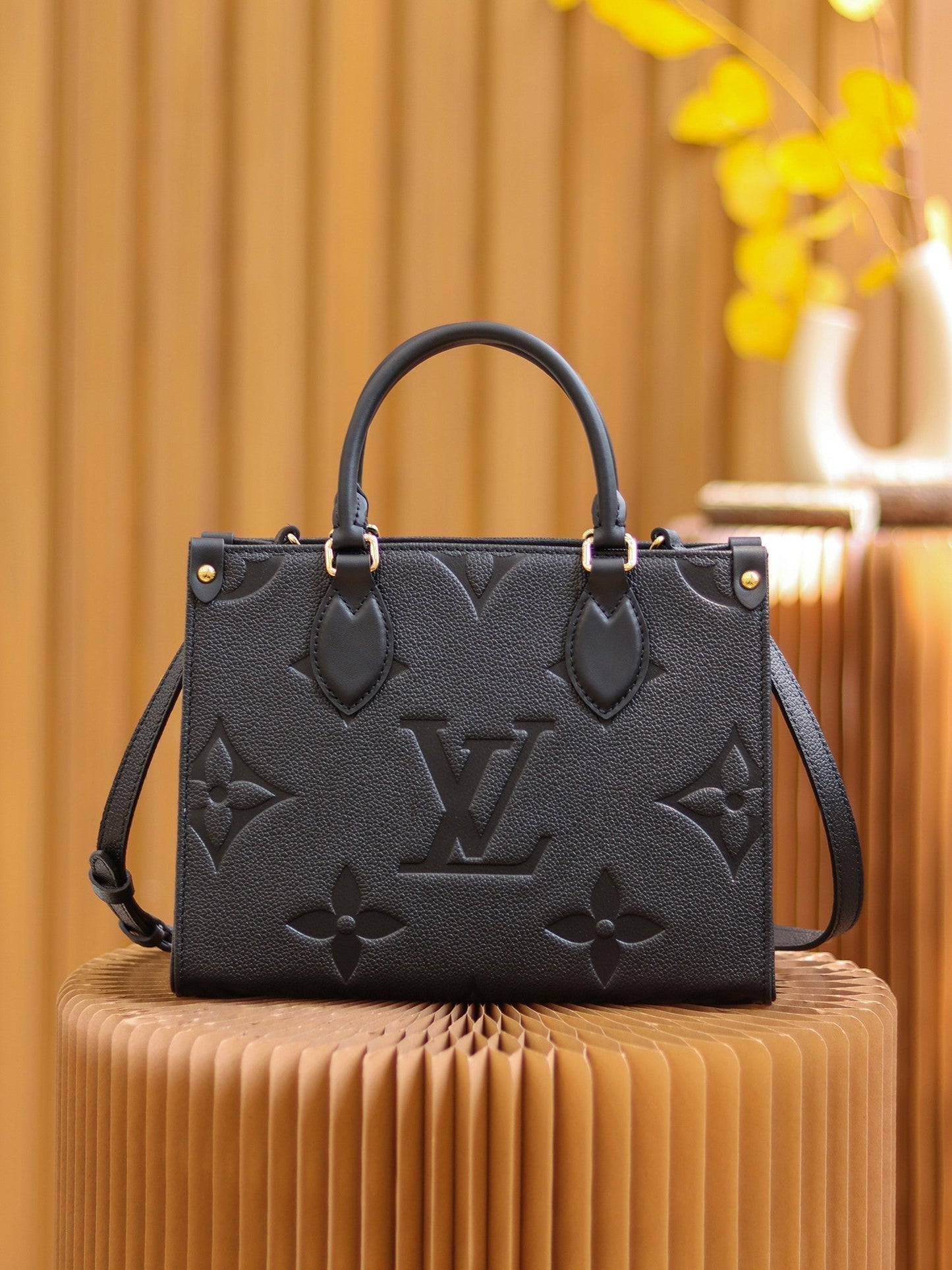 LV OnTheGo PM Monogram Empreinte Leather Tote Handle Bag with Black Leather Trim